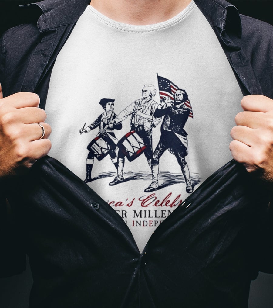 America's Celebration Quarter Millennium Colonial Soldiers Drumming American Independence T-Shirt