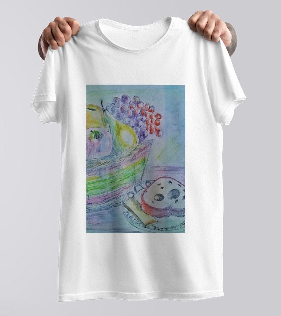 Fruit Basket Bagel Still Life Drawing Pears Apples Grapes Bread T-Shirt