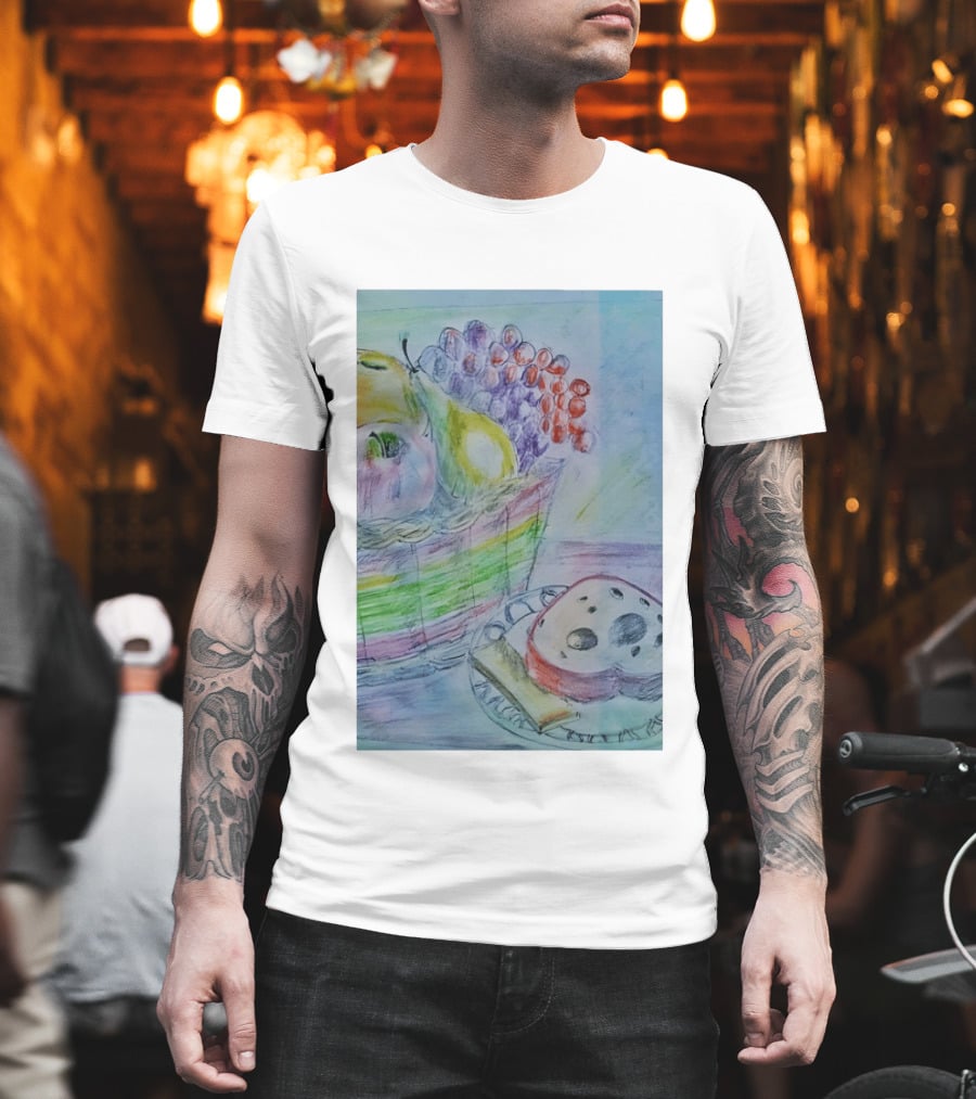 Fruit Basket Bagel Still Life Drawing Pears Apples Grapes Bread T-Shirt