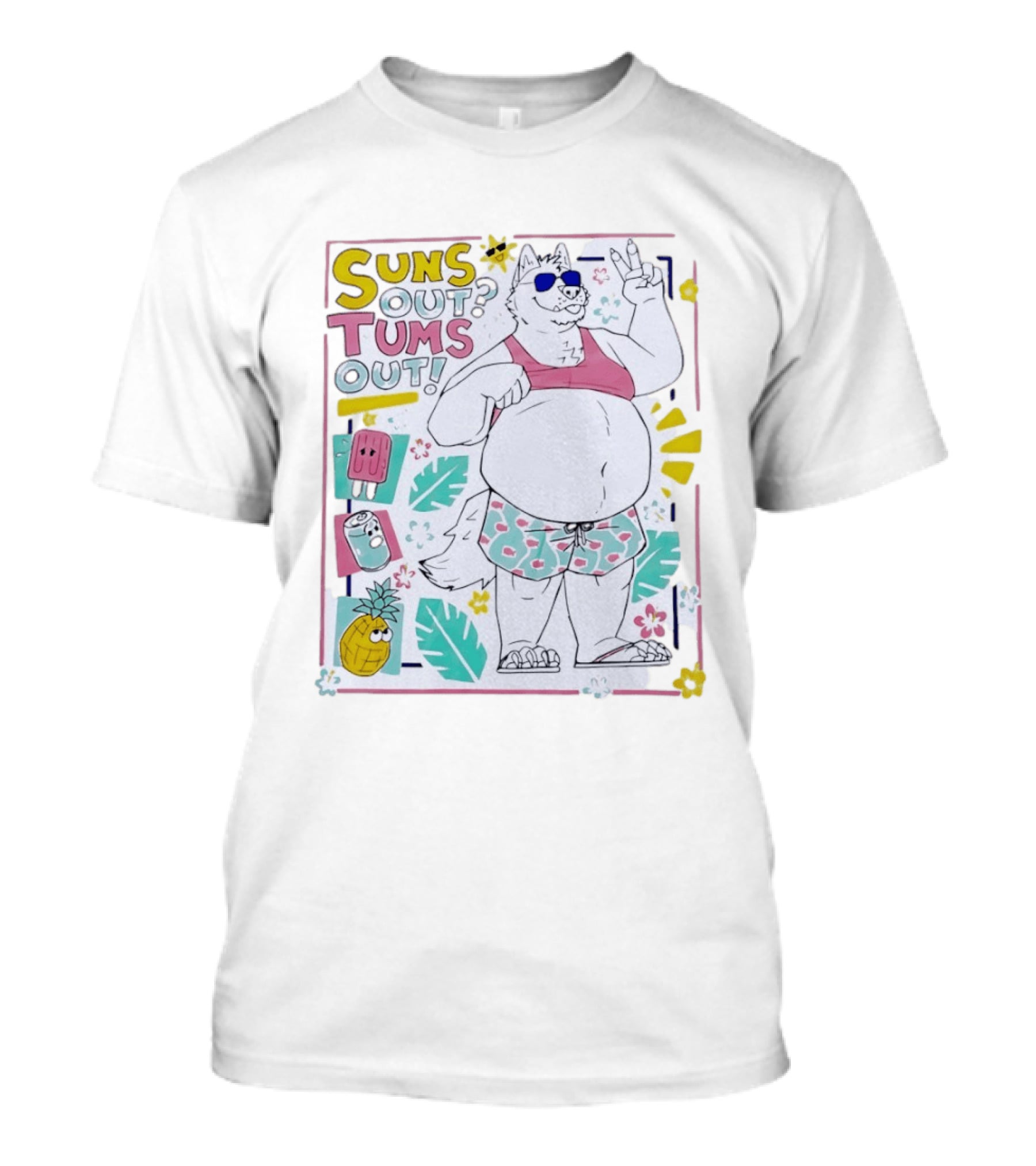 Suns Out Tums Out Husky In Sunglasses Popsicle Soda Pineapple Tropical Print T-Shirt