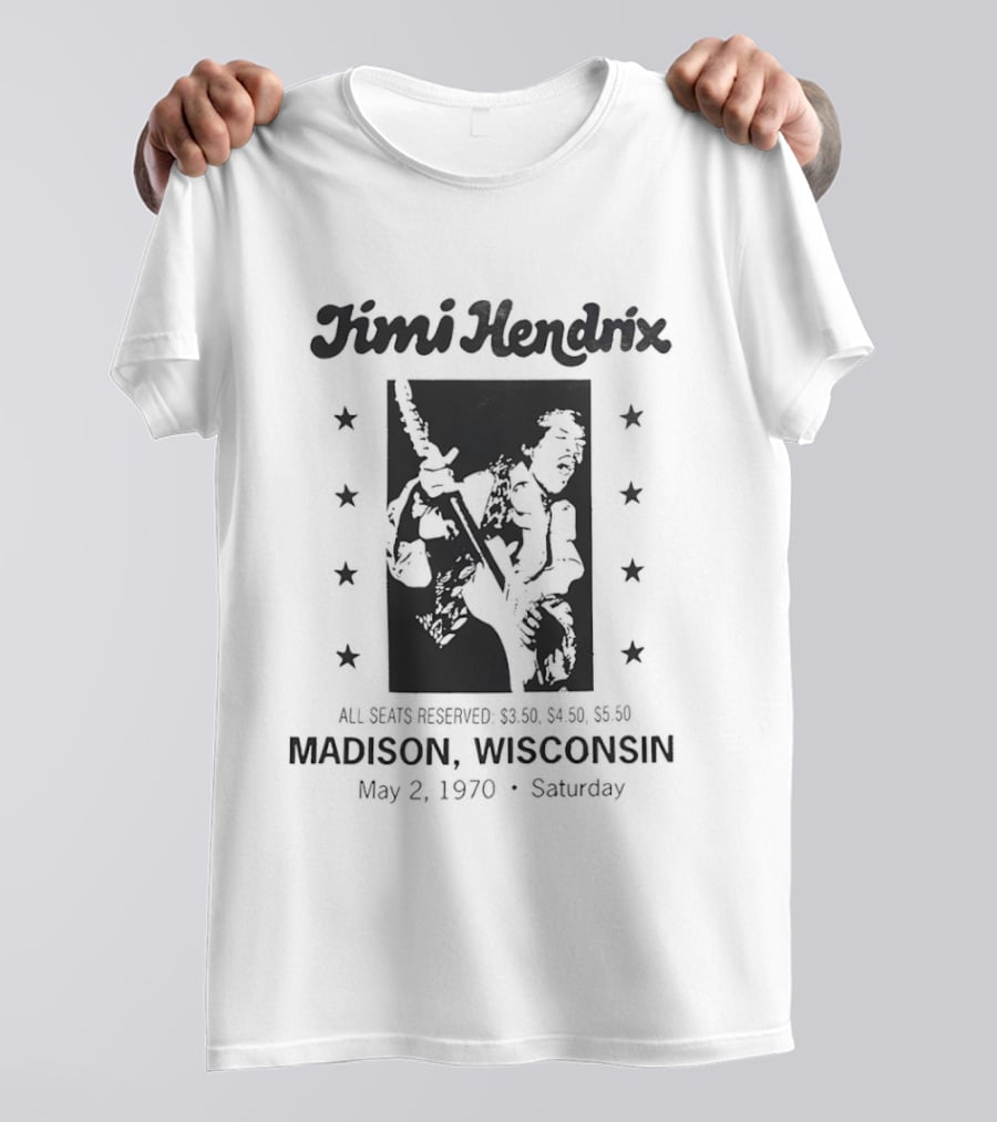 Jimi Hendrix Madison Wisconsin Concert May 2 1970 Saturday All Seats Reserved $3.50 $4.00 $4.50 T-Shirt