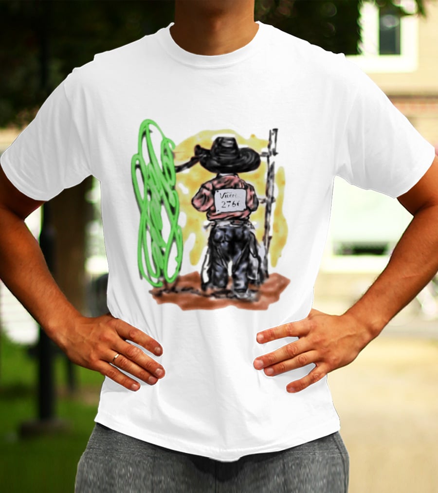 Vnere 2766 Cowboy Vintage Western Art With Hat And Fence T-Shirt