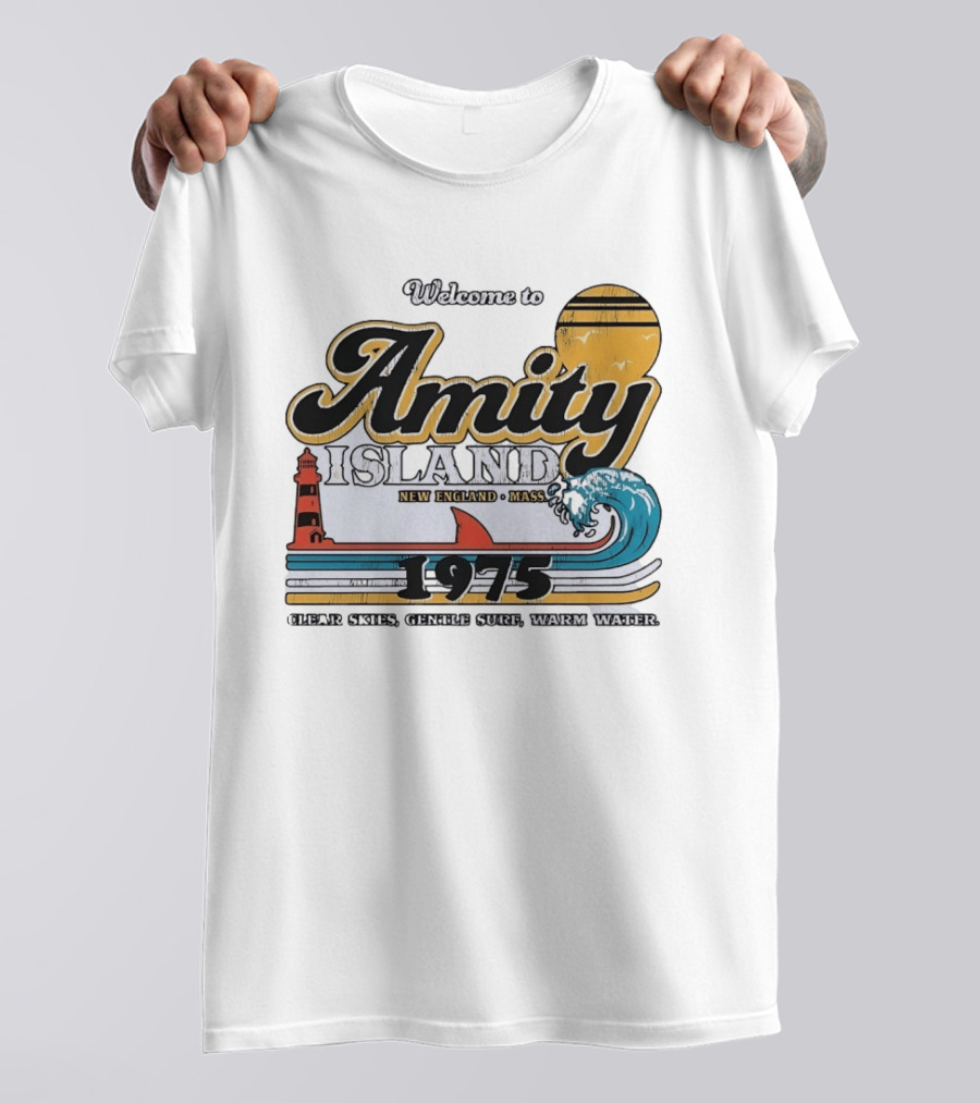 Welcome To Amity Island 1975 New England Massachusetts Lighthouse Wave Ocean Sun T-Shirt
