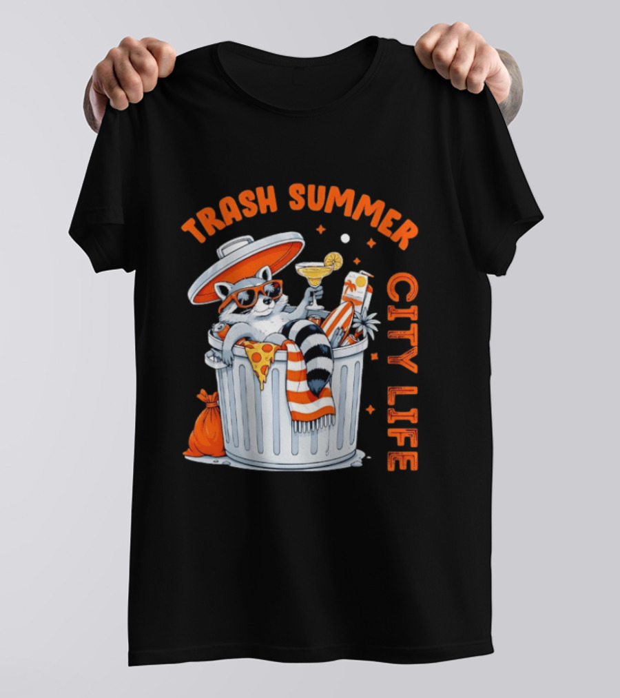 Trash Summer City Life Raccoon Enjoying Urban Vibes With Pizza And Martini T-Shirt