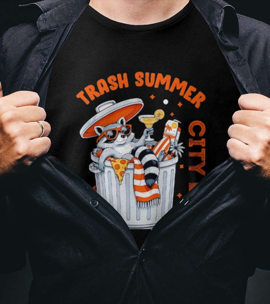 Trash Summer City Life Raccoon Enjoying Urban Vibes With Pizza And Martini T-Shirt