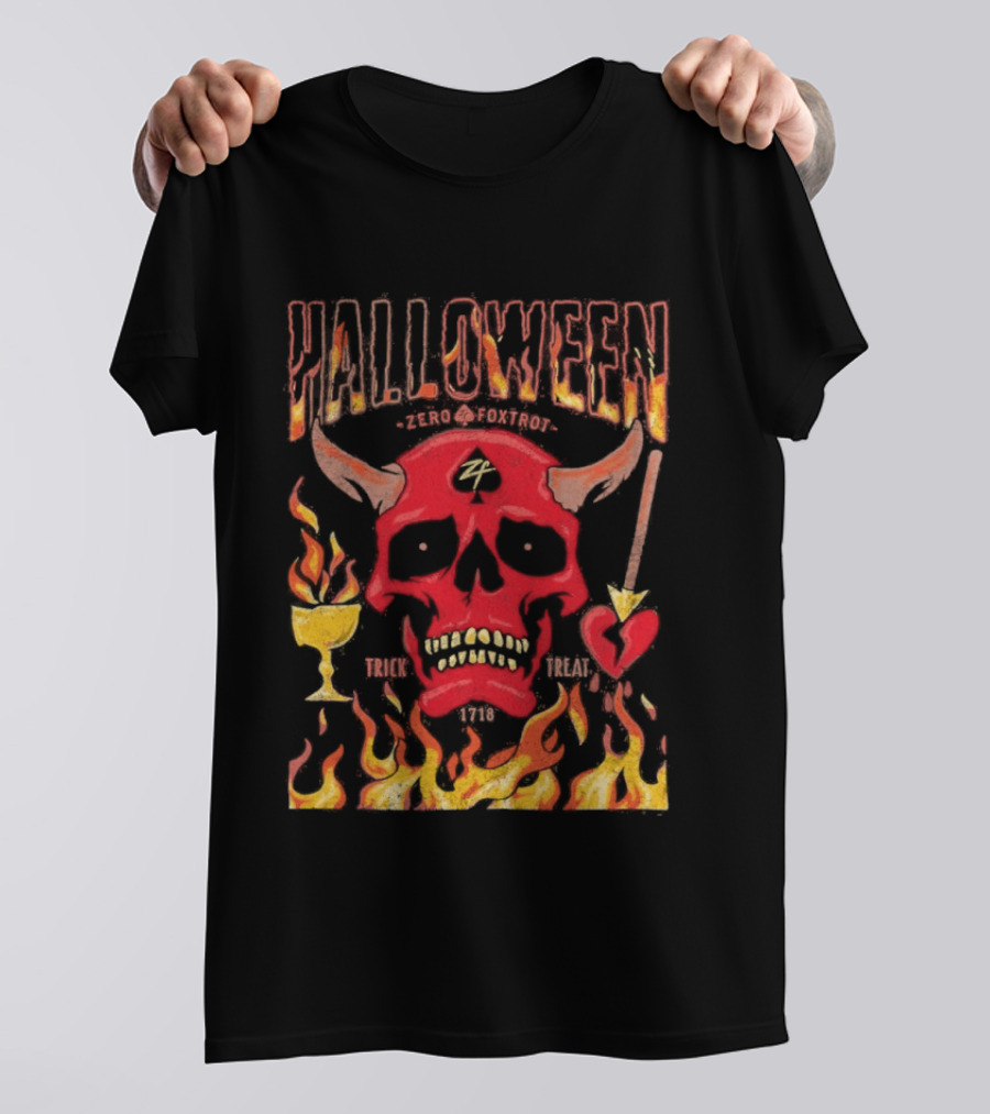 Zero Foxtrot Halloween No Quarter Flaming Demon Skull T-Shirt
