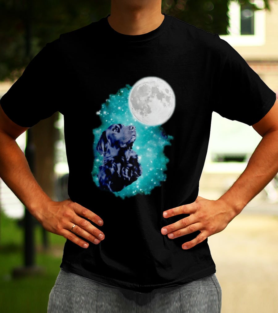 Black Dog Under Moon In Galaxy Space T-Shirt