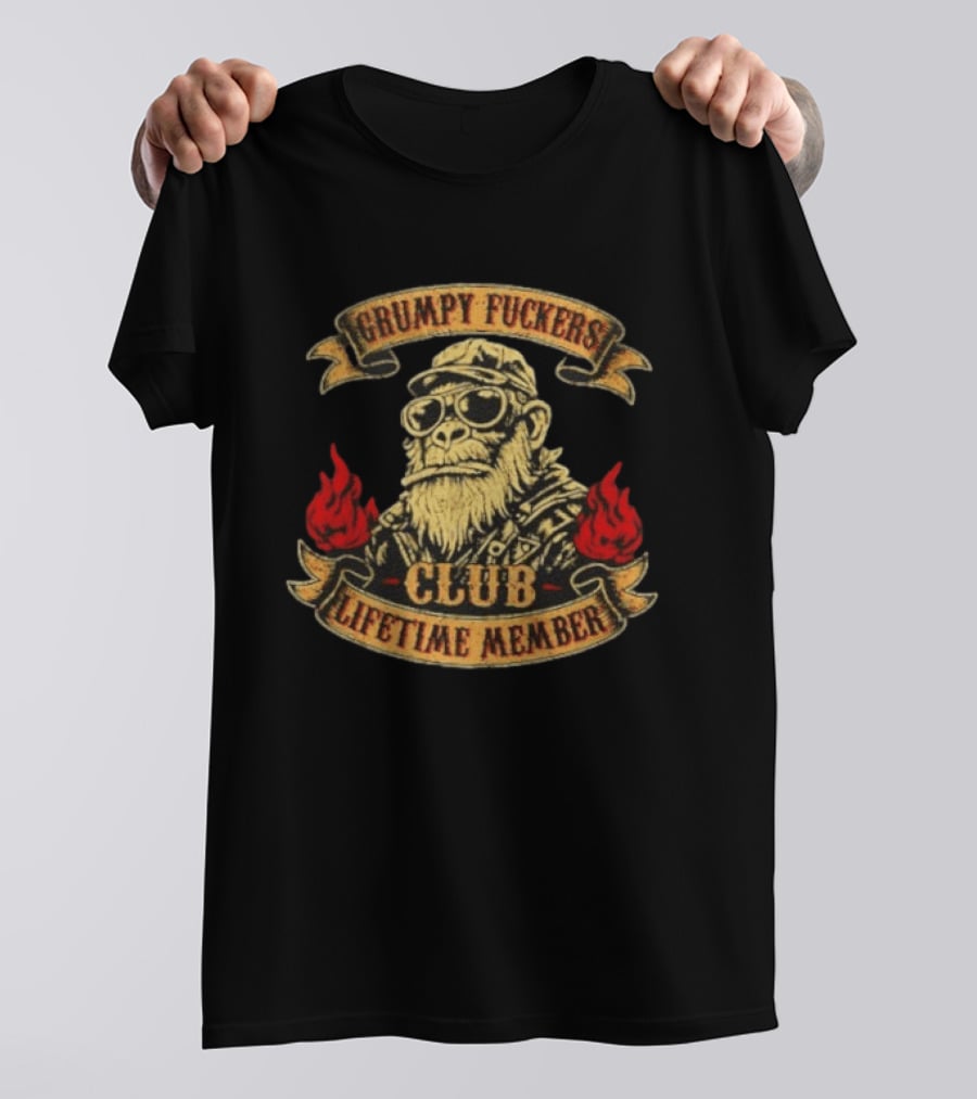 Grumpy Fuckers Club Lifetime Member Monkey With Sunglasses And Flames T-Shirt