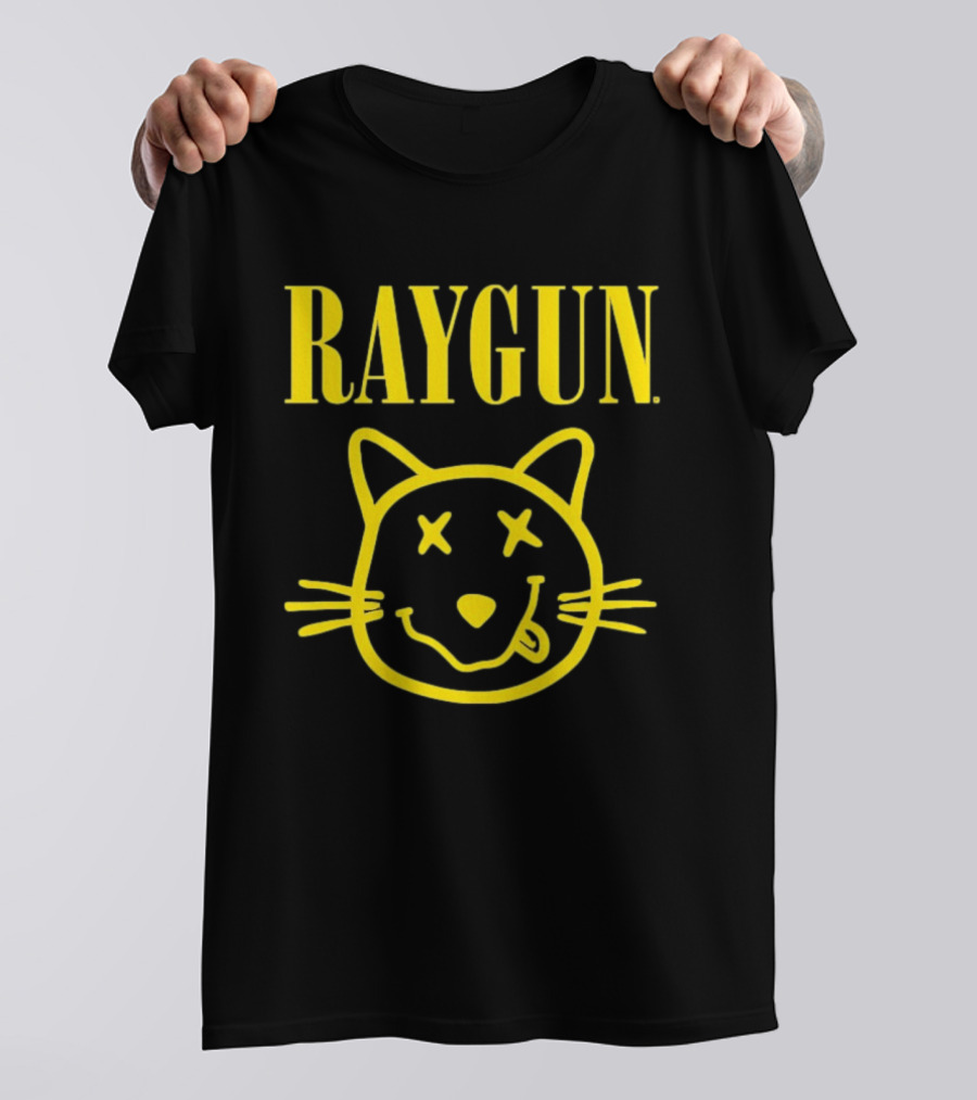 Raygun Smiley Cat Face Neon Yellow Quirky Expression T-Shirt