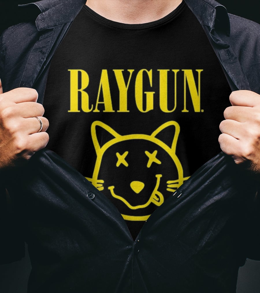Raygun Smiley Cat Face Neon Yellow Quirky Expression T-Shirt