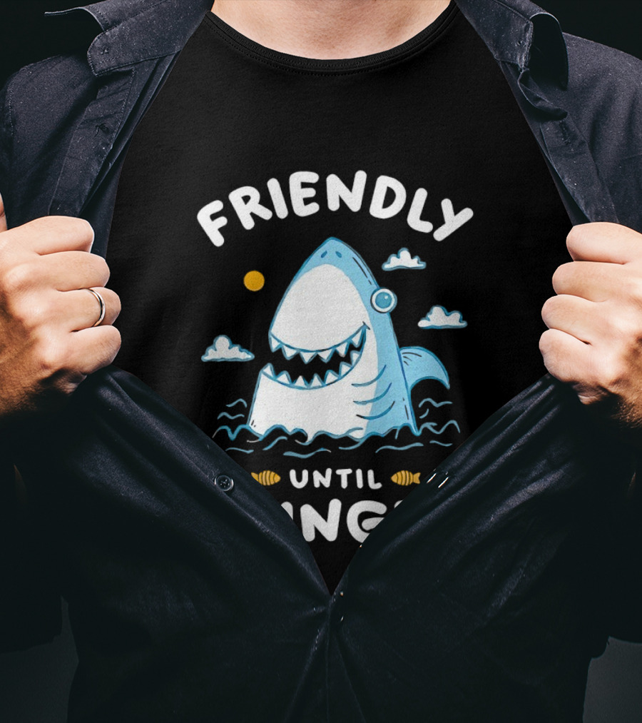 Friendly Shark Grinning Until Hungry Cloudy Ocean Scene T-Shirt