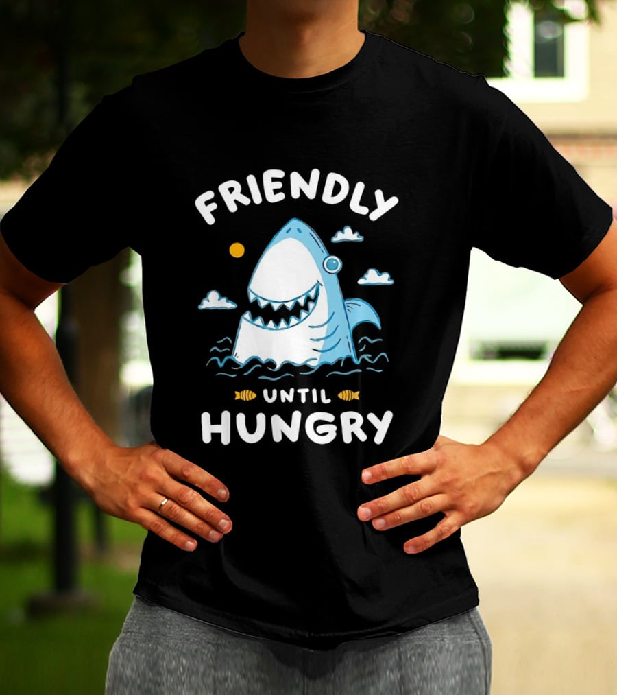 Friendly Shark Grinning Until Hungry Cloudy Ocean Scene T-Shirt