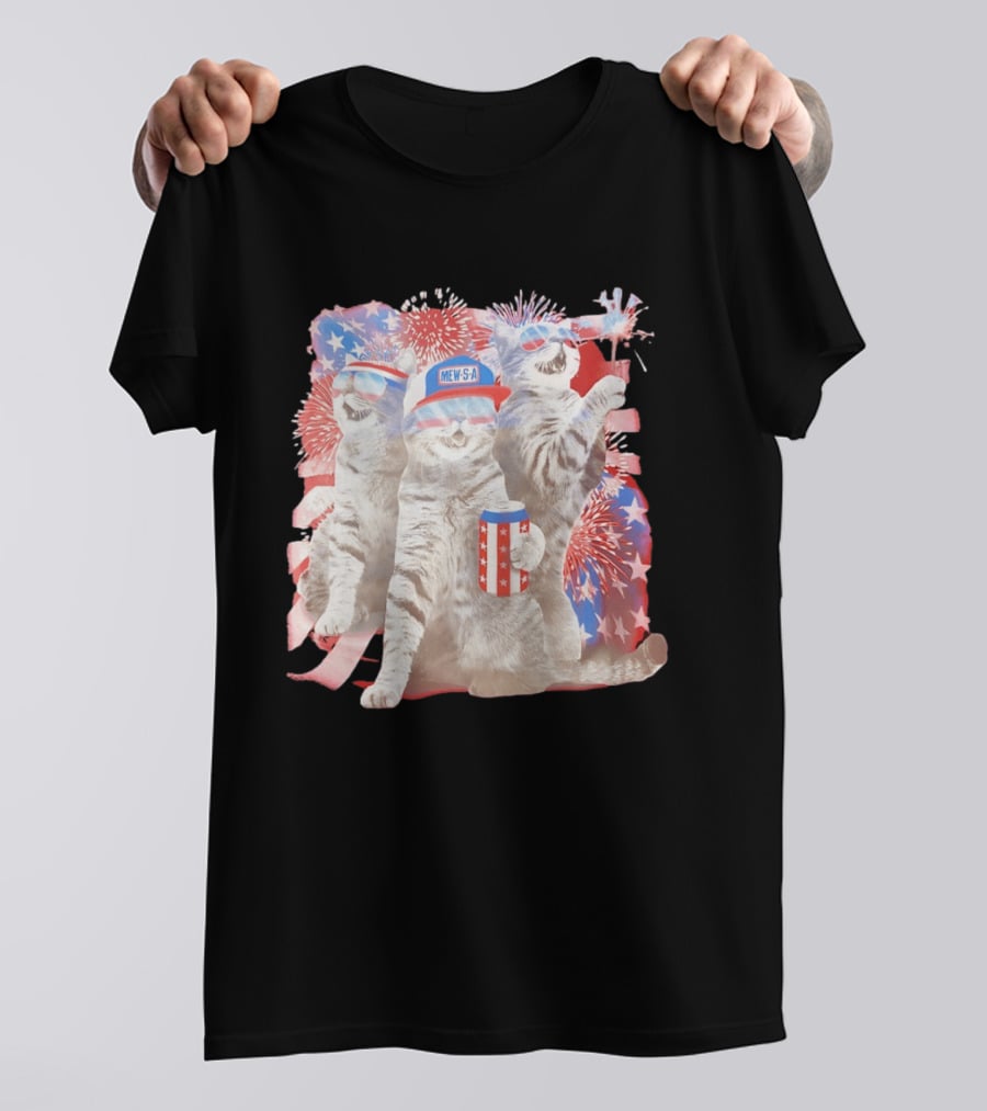 Mew's A Patriotic American Flag Cats Fireworks Party Animal Holiday USA T-Shirt