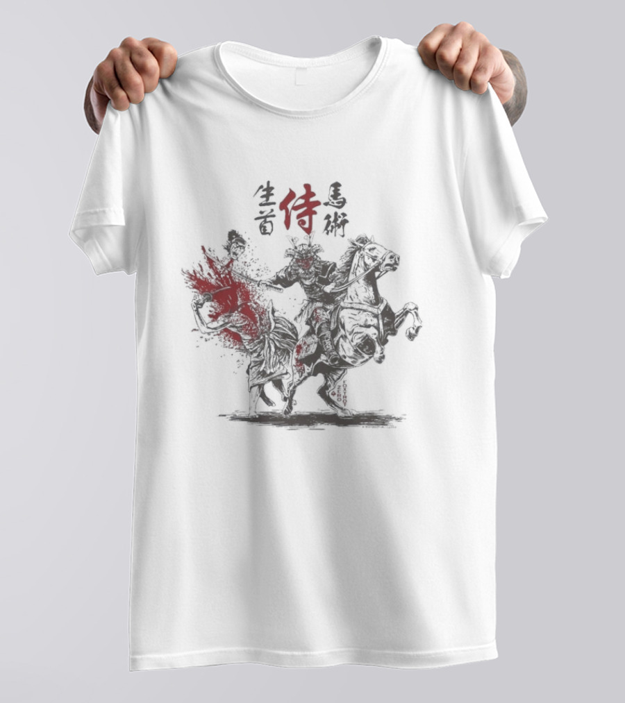 Zero Foxtrot Namakubi Bajutsu Samurai Riding Warrior With Red Kanji T-Shirt