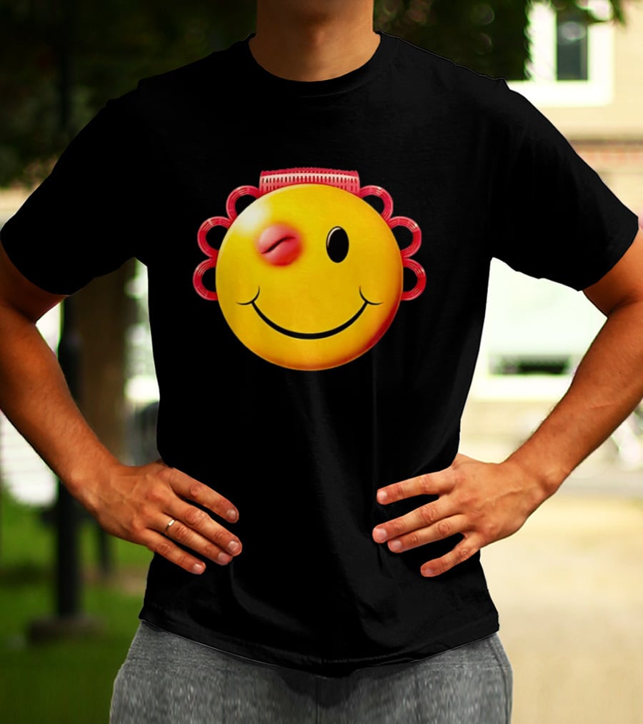 Winking Smiley Face Emoji With Hair Rollers T-Shirt