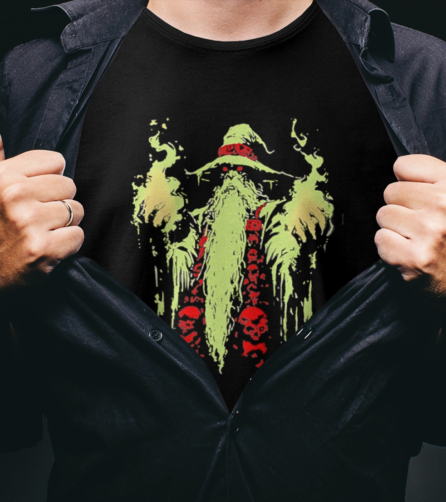 Necromancer Wizard With Glowing Green Fire And Red Skulls T-Shirt