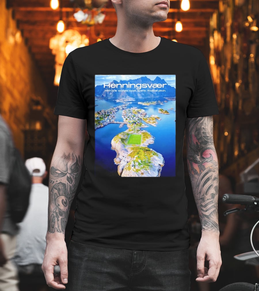 Henningsvaer With The World's Most Scenic Football Pitch Aerial View T-Shirt