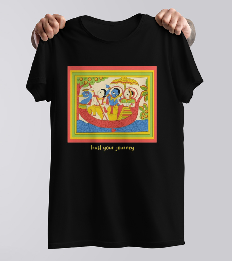 Phad Paintings Trust Your Journey Krishna Radha Boat Scene T-Shirt
