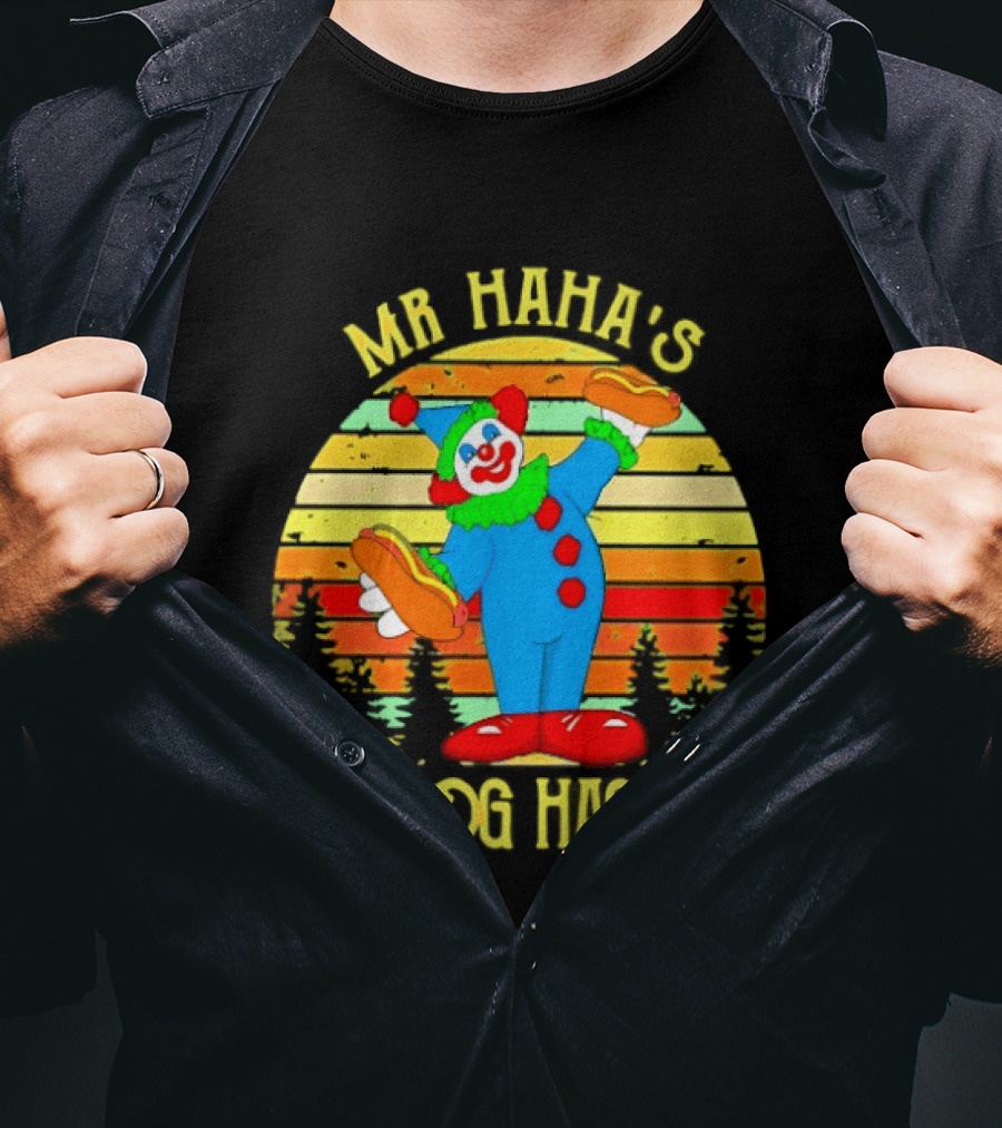 Mr Haha's Hotdog Hacienda Clown In Colorful Costume With Hot Dog T-Shirt