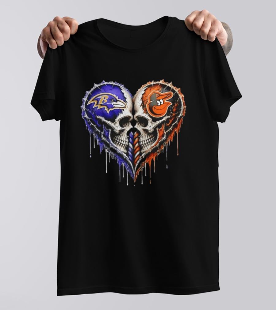 Baltimore Ravens And Baltimore Orioles Skull Heart T-Shirt