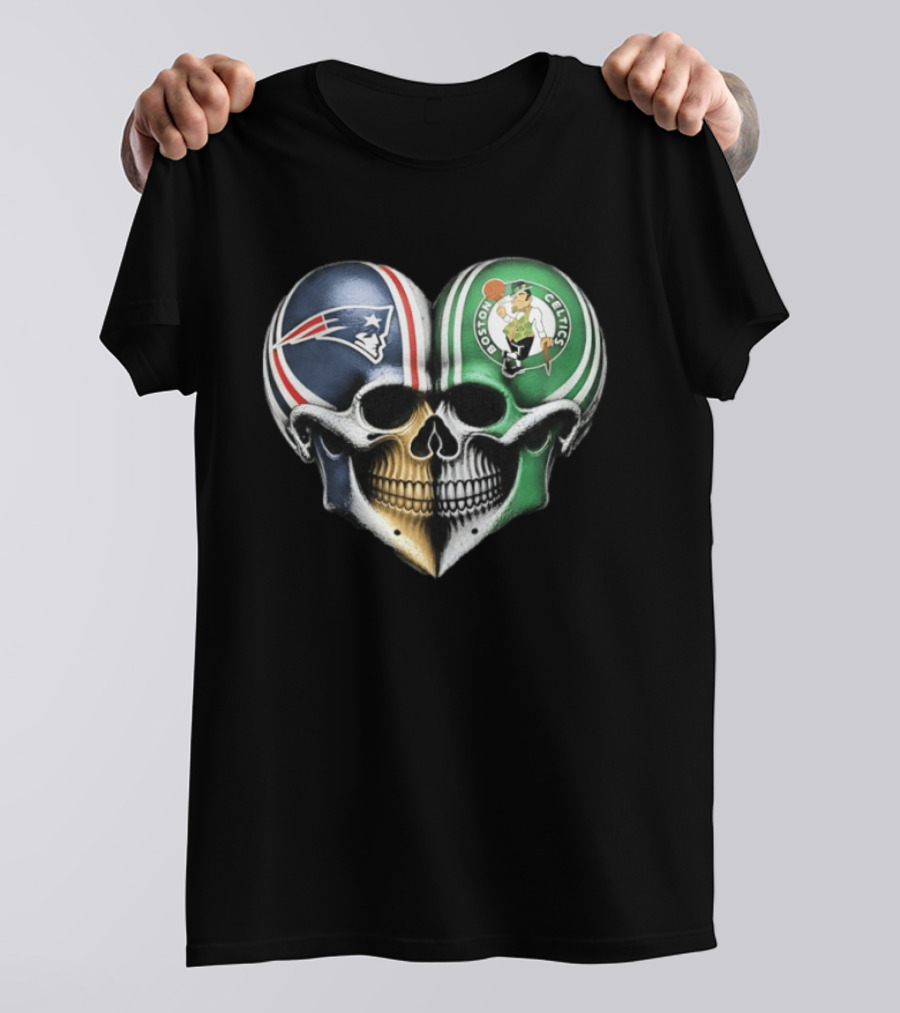 Boston Celtics And New England Patriots Skull Heart T-Shirt