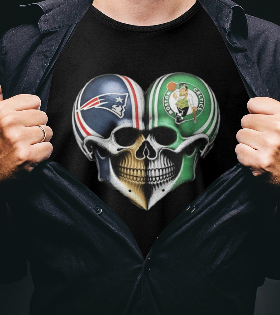 Boston Celtics And New England Patriots Skull Heart T-Shirt
