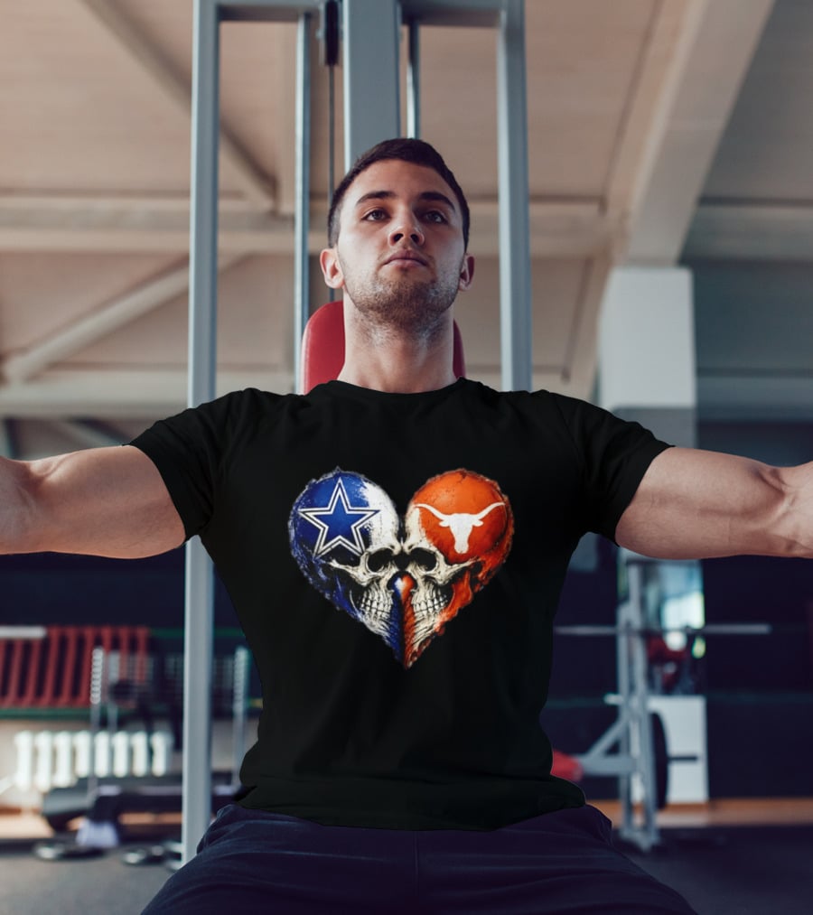 Dallas Cowboys And Texas Longhorns Skulls Heart T-Shirt