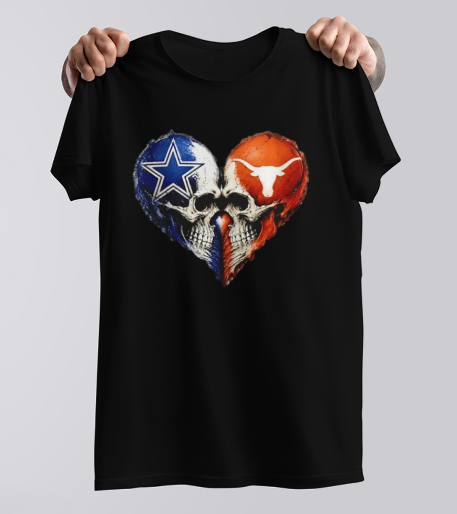 Dallas Cowboys And Texas Longhorns Skulls Heart T-Shirt