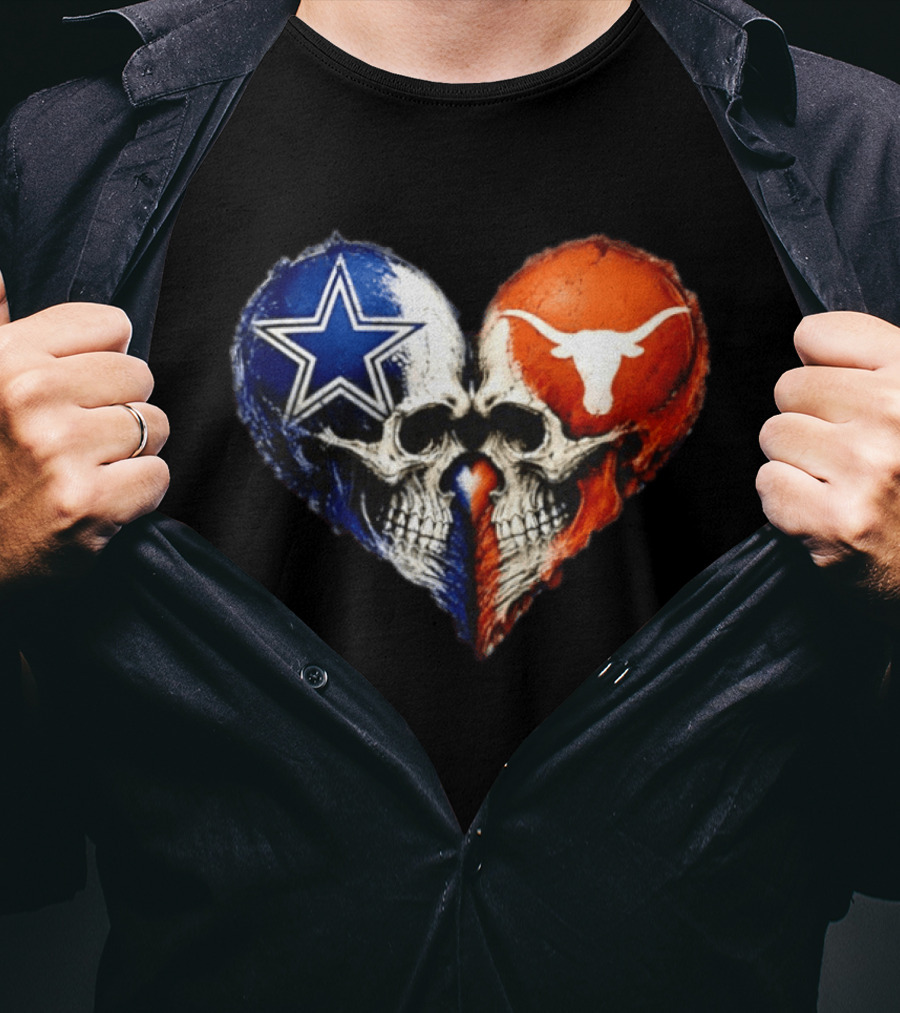 Dallas Cowboys And Texas Longhorns Skulls Heart T-Shirt