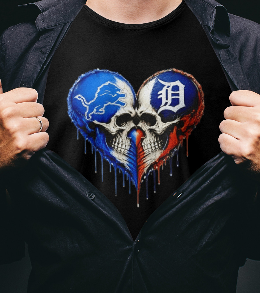 Detroit Lions And Detroit Tigers Skull Heart T-Shirt