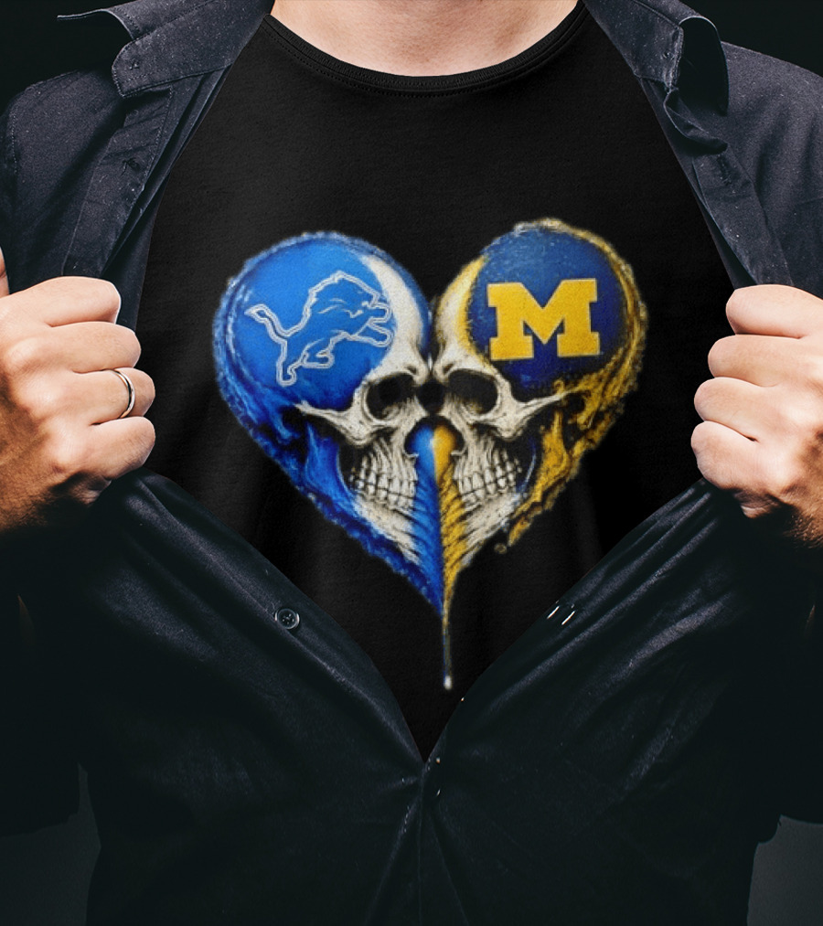 Detroit Lions And Michigan Wolverines Heart Skulls T-Shirt