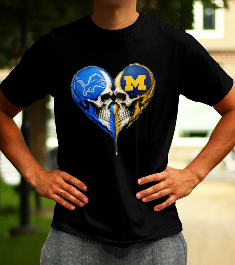 Detroit Lions And Michigan Wolverines Heart Skulls T-Shirt