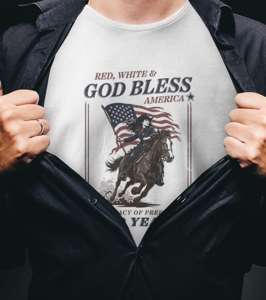 Red White And God Bless America A Legacy Of Freedom 250 Years Riding Horseback With American Flag T-Shirt