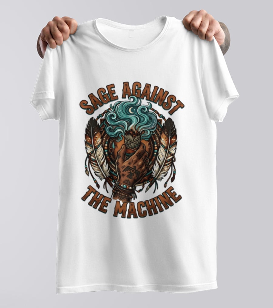Sage Against The Machine Hand Holding Smudging Sticks With Feathers And Beadwork T-Shirt