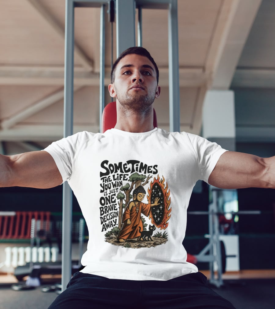 Sometimes The Life You Want Is Just One Brave Decision Away Buddha Cat Portal Forest T-Shirt