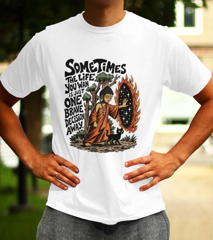 Sometimes The Life You Want Is Just One Brave Decision Away Buddha Cat Portal Forest T-Shirt