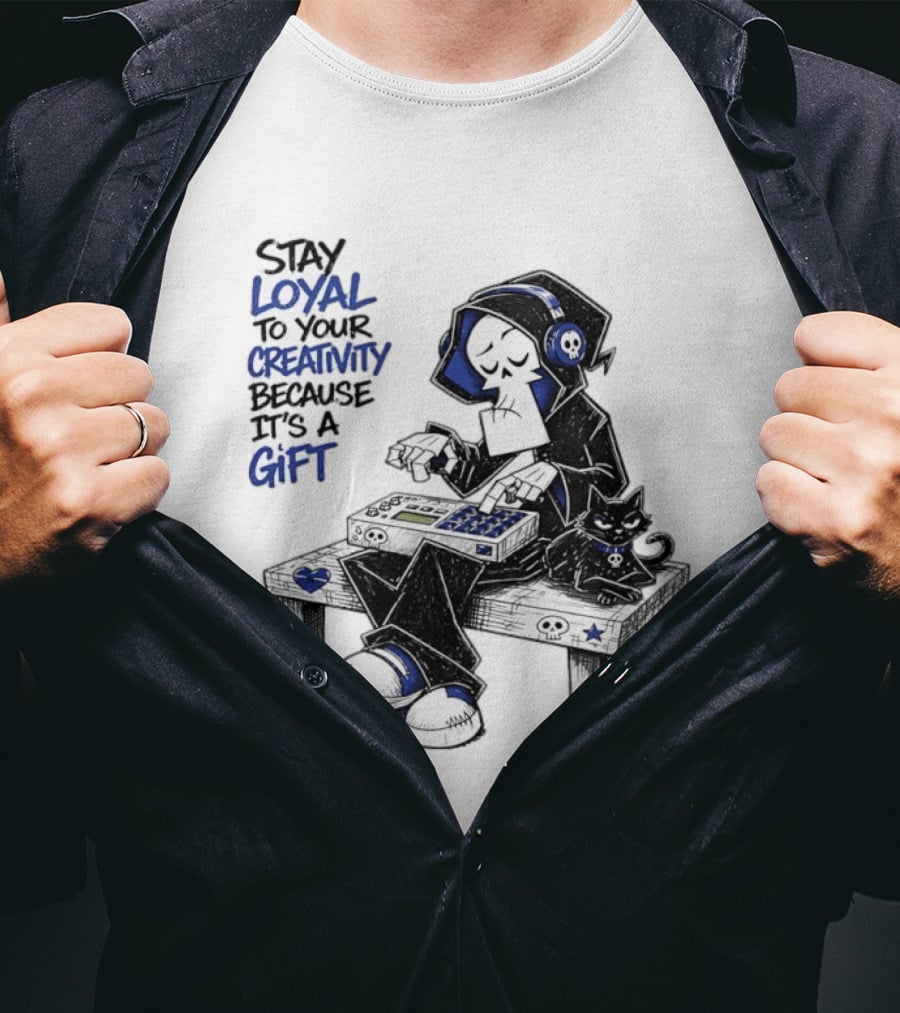 Stay Loyal To Your Creativity Grim Reaper Music Producer With Cat T-Shirt