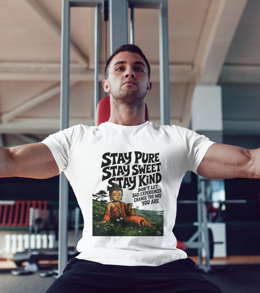 Stay Pure Stay Sweet Stay Kind Buddha Meditation With Cat Don't Let Bad Experiences Change The Way You Are T-Shirt