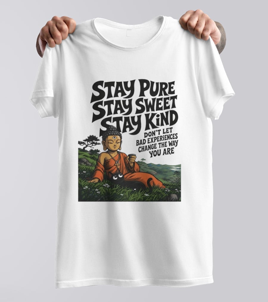 Stay Pure Stay Sweet Stay Kind Buddha Meditation With Cat Don't Let Bad Experiences Change The Way You Are T-Shirt