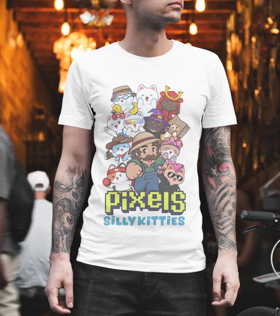 Pixels Silly Kitties Character Collage With Mustached Figure And Cute Cat Ensemble T-Shirt