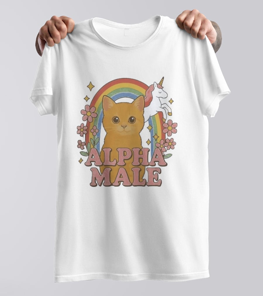 Alpha Male Cat With Unicorn Rainbow And Flowers T-Shirt