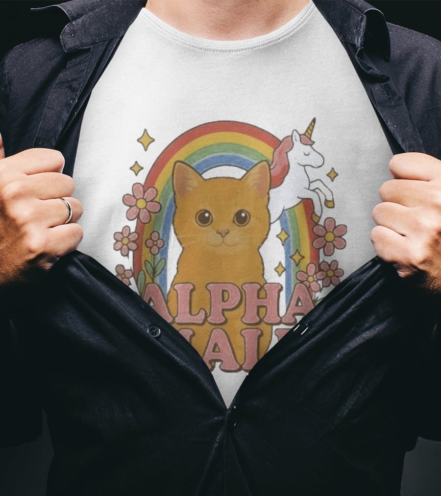 Alpha Male Cat With Unicorn Rainbow And Flowers T-Shirt