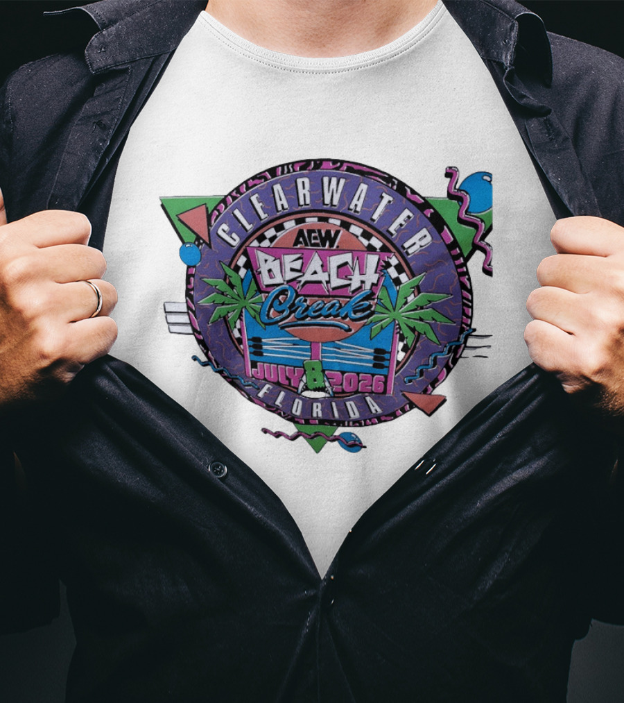 AEW Beach Break Clearwater Florida July 8 2026 Wrestling Event Tropical Palm Trees And Retro Waves T-Shirt
