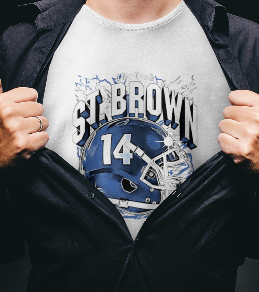 Amon Ra St. Brown 14 Helmet Detroit Lions T-Shirt
