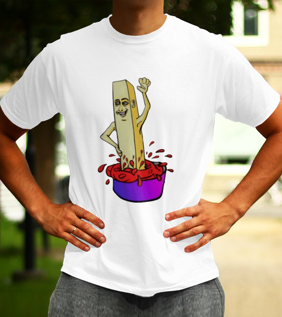 French Fry With Face Humorously Dipping In Ketchup Bowl T-Shirt