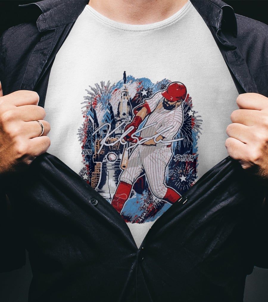Kyle Schwarber Philly 2026 Swinging Bat Fireworks Liberty Bell T-Shirt