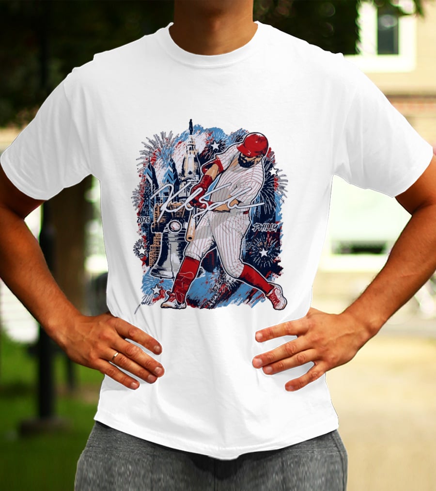 Kyle Schwarber Philly 2026 Swinging Bat Fireworks Liberty Bell T-Shirt
