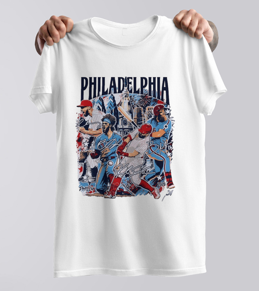 Philadelphia Phillies Stars Skyline 2026 Philly Batter Montage T-Shirt
