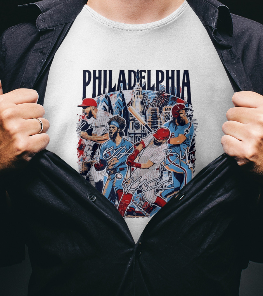 Philadelphia Phillies Stars Skyline 2026 Philly Batter Montage T-Shirt