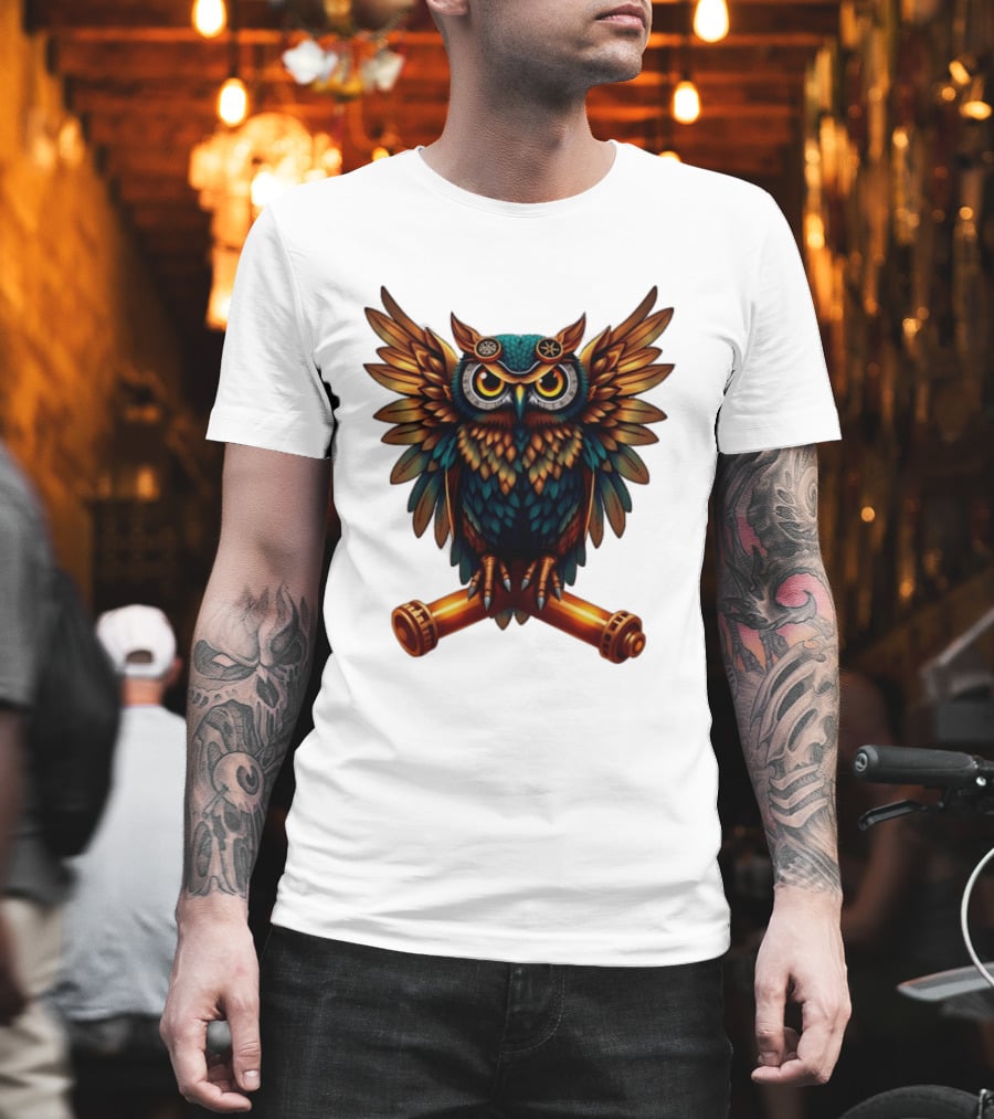 Steampunk Owl With Gears And Pistons Mechanic Aesthetic T-Shirt